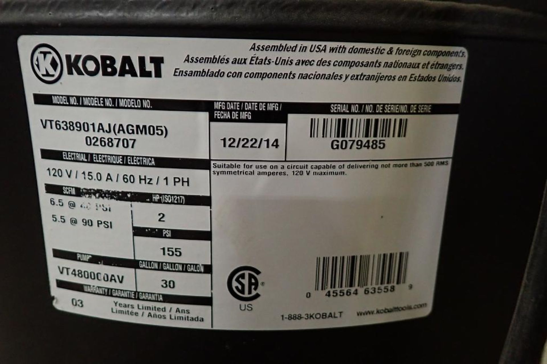 Kobalt 30 gal vertical air compressor {Located in Plymouth, IN} - Bild 4 aus 8