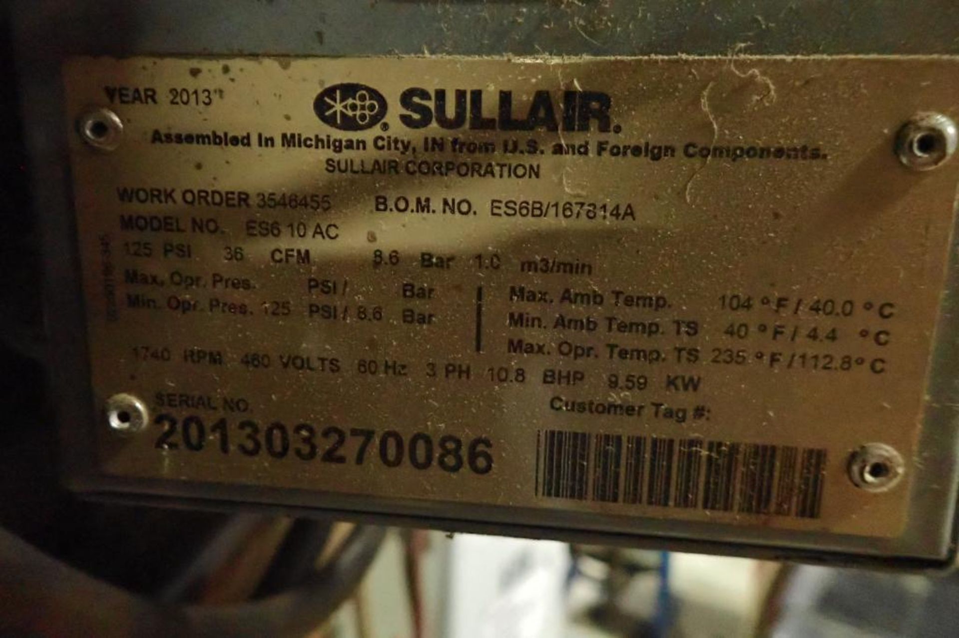 2013 Sullair vertical air compressor {Located in Plymouth, IN} - Image 7 of 10