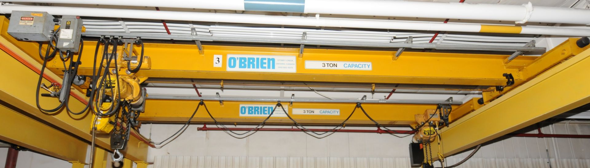 OBRIEN OVERHEAD BRIDGE CRANE WITH BUDGIT 3 TON CAPACITY HOIST, APPROX 20' SPAN, 22' UNDER HOOK, - Image 3 of 5