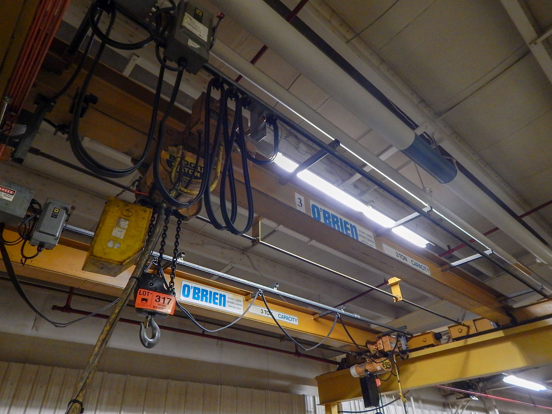 OBRIEN OVERHEAD BRIDGE CRANE WITH BUDGIT 3 TON CAPACITY HOIST, APPROX 20' SPAN, 22' UNDER HOOK,