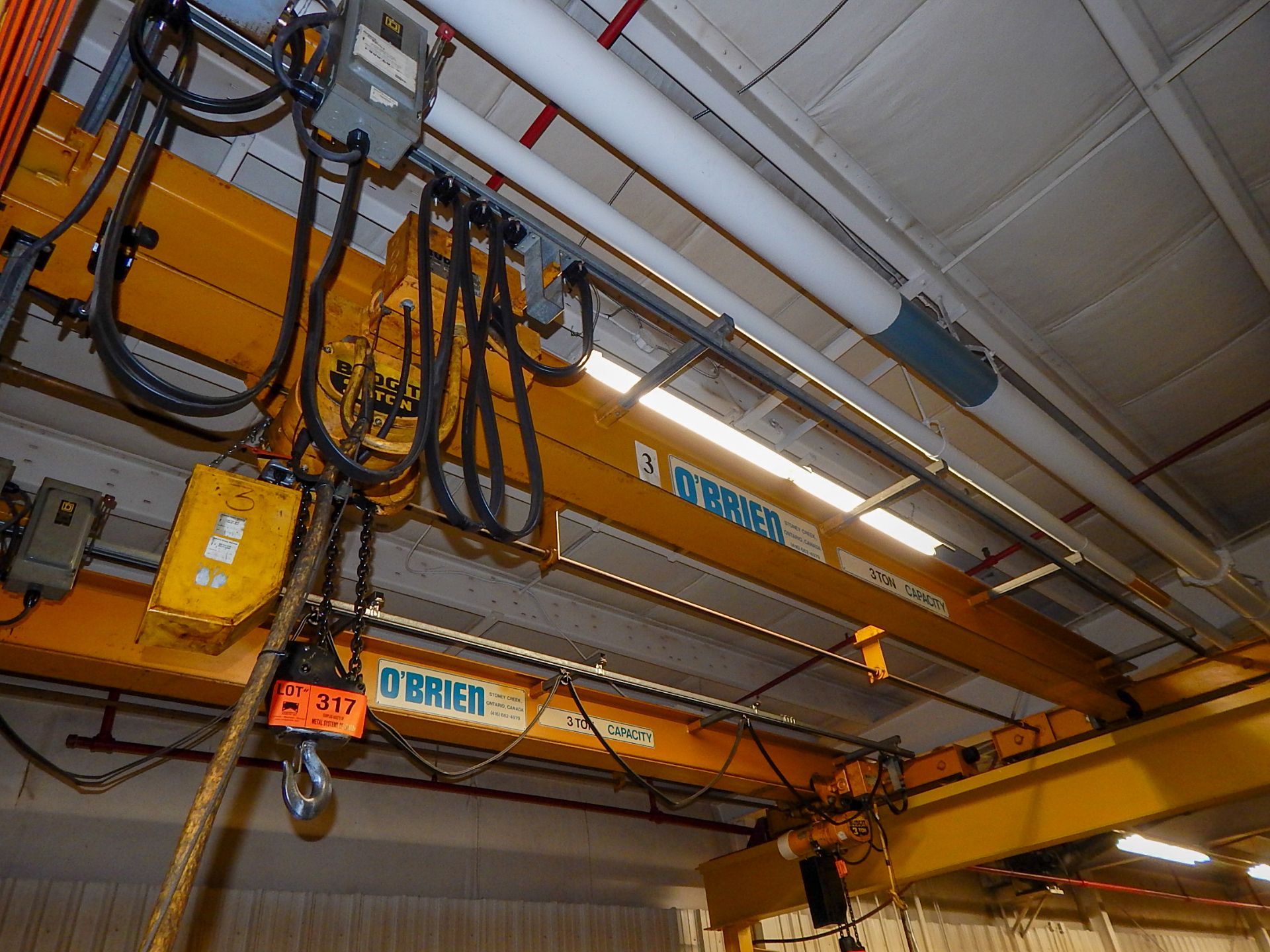 OBRIEN OVERHEAD BRIDGE CRANE WITH BUDGIT 3 TON CAPACITY HOIST, APPROX 20' SPAN, 22' UNDER HOOK, - Image 2 of 5