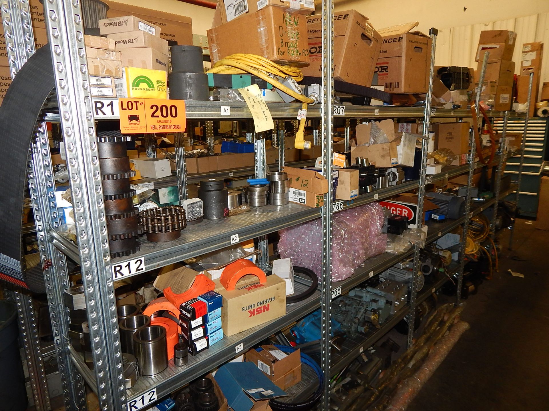 LOT/ CONTENTS OF SHELF CONSISTING OF ELECTRIC MOTORS, SPROCKETS, BELTS, WIRE AND PARTS
