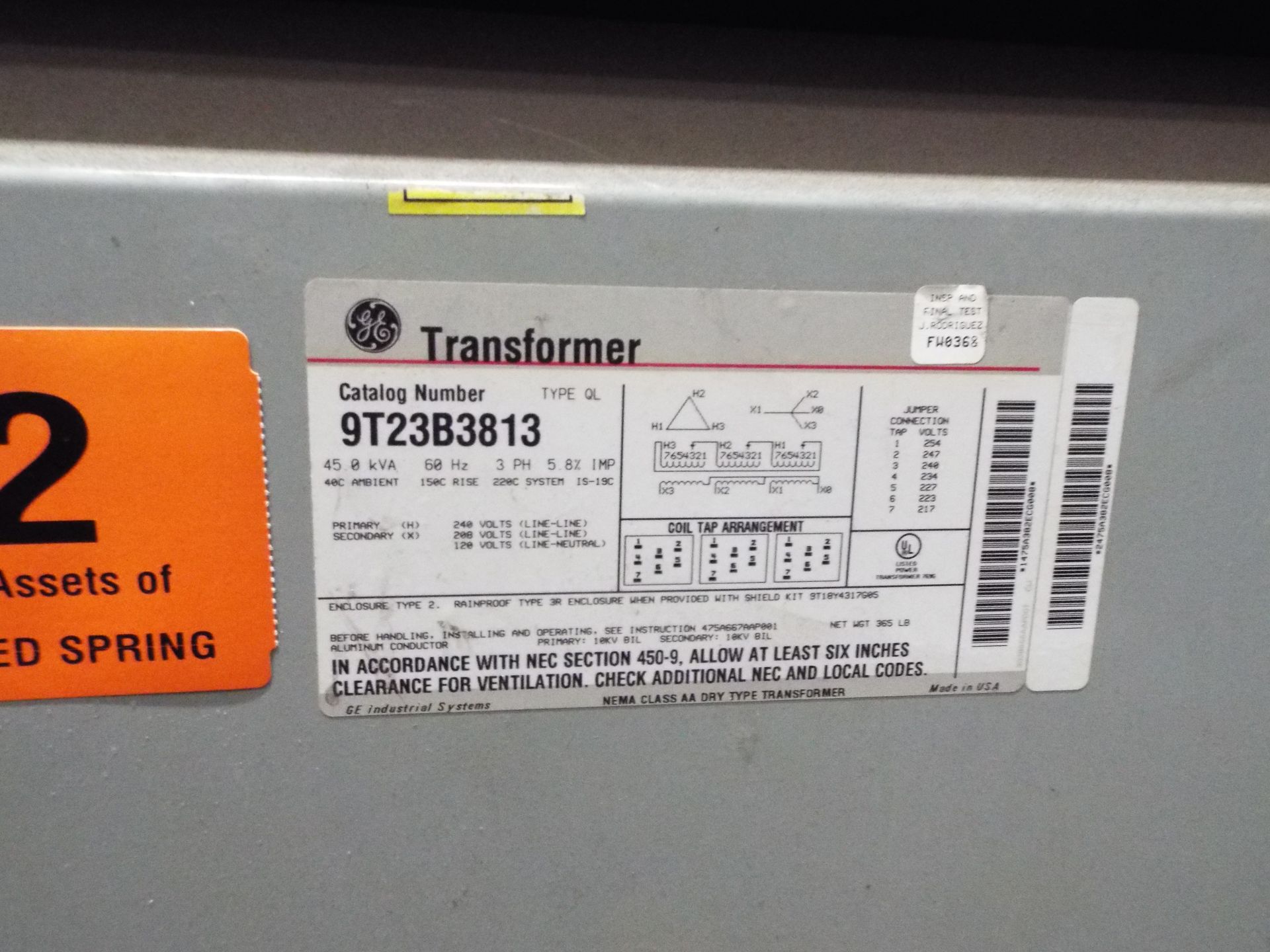 GE TRANSFORMER WITH 45 KVA, 120 LV, 240 HV, 3 PHASE (CI) (DELAYED DELIVERY) - Image 2 of 2