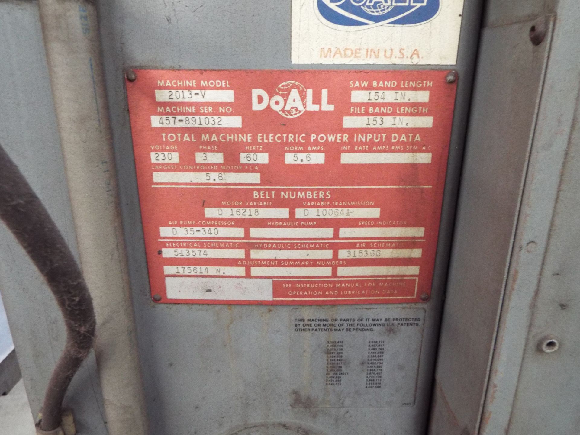 DOALL 2013-V VERTICAL BAND SAW WITH BLADE WELDER AND GRINDER, S/N 457-891032 (CI) - Image 5 of 6