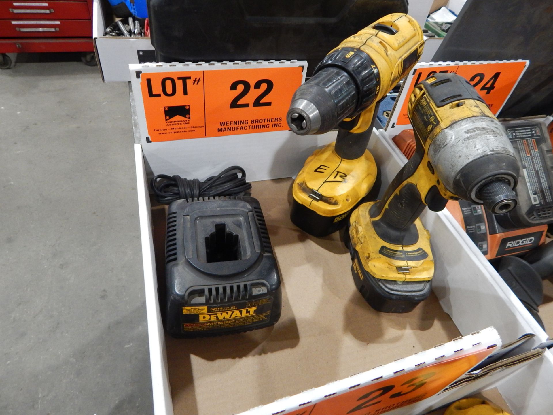 LOT/ (2) DEWALT CORDLESS DRILLS WITH CHARGER AND BATTERIES
