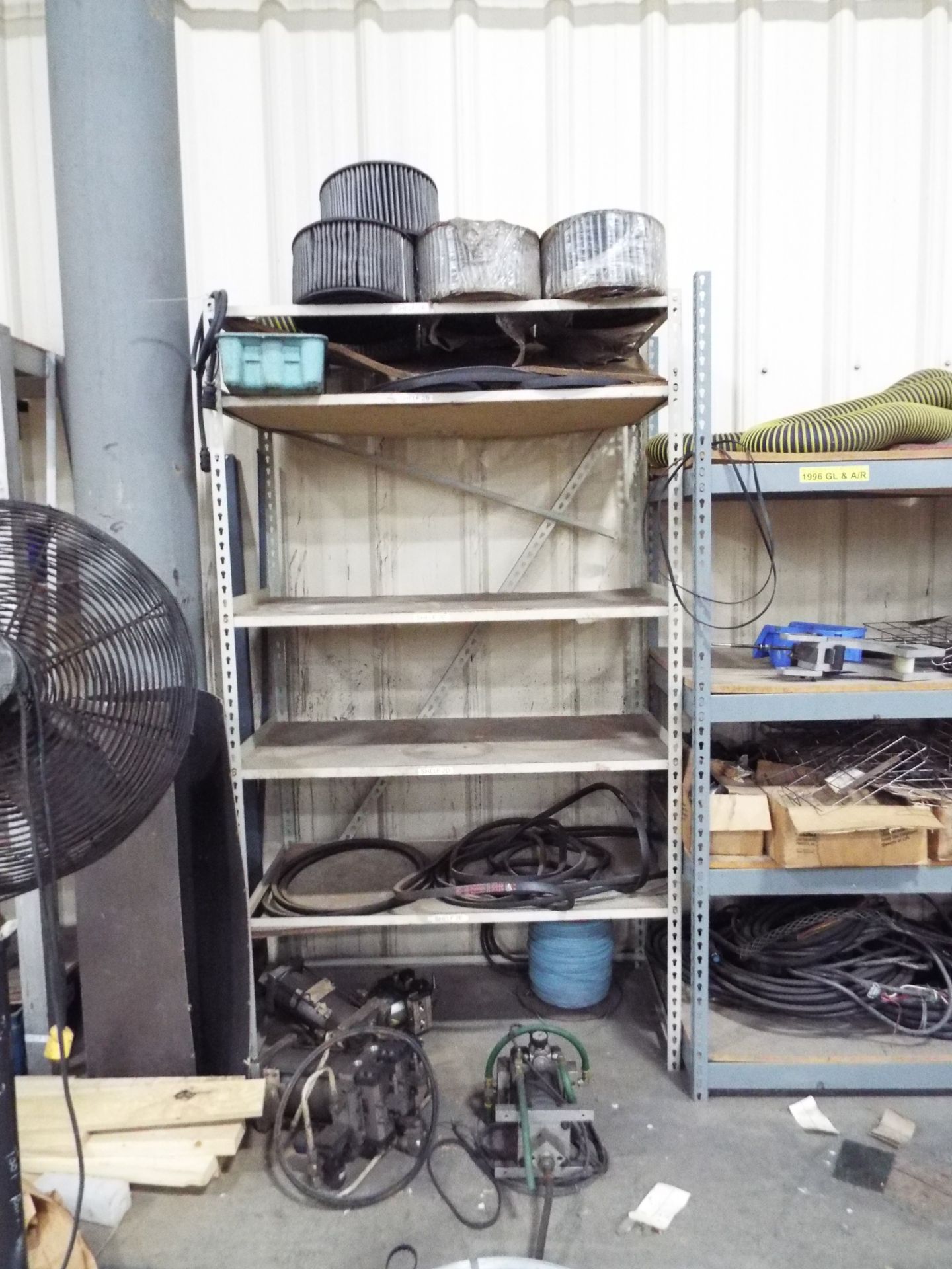 LOT/ SHELVES WITH CONTENTS - BELTS, HIGH VOLTAGE CABLES, PNEUMATIC HOSE, FILTERS, SPARE PARTS - Image 3 of 4