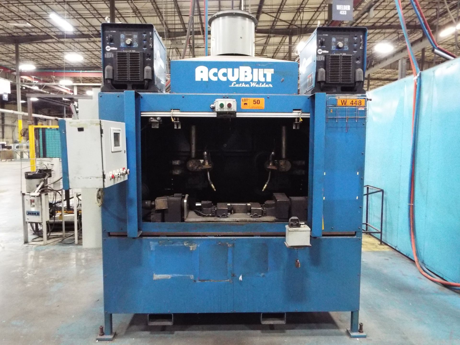 ACCUBILT (2007) LATHE WELDER WITH ALLEN-BRADLEY PANELVIEW PLUS600 PLC CONTROL, (2) MILLER AXCESS 300