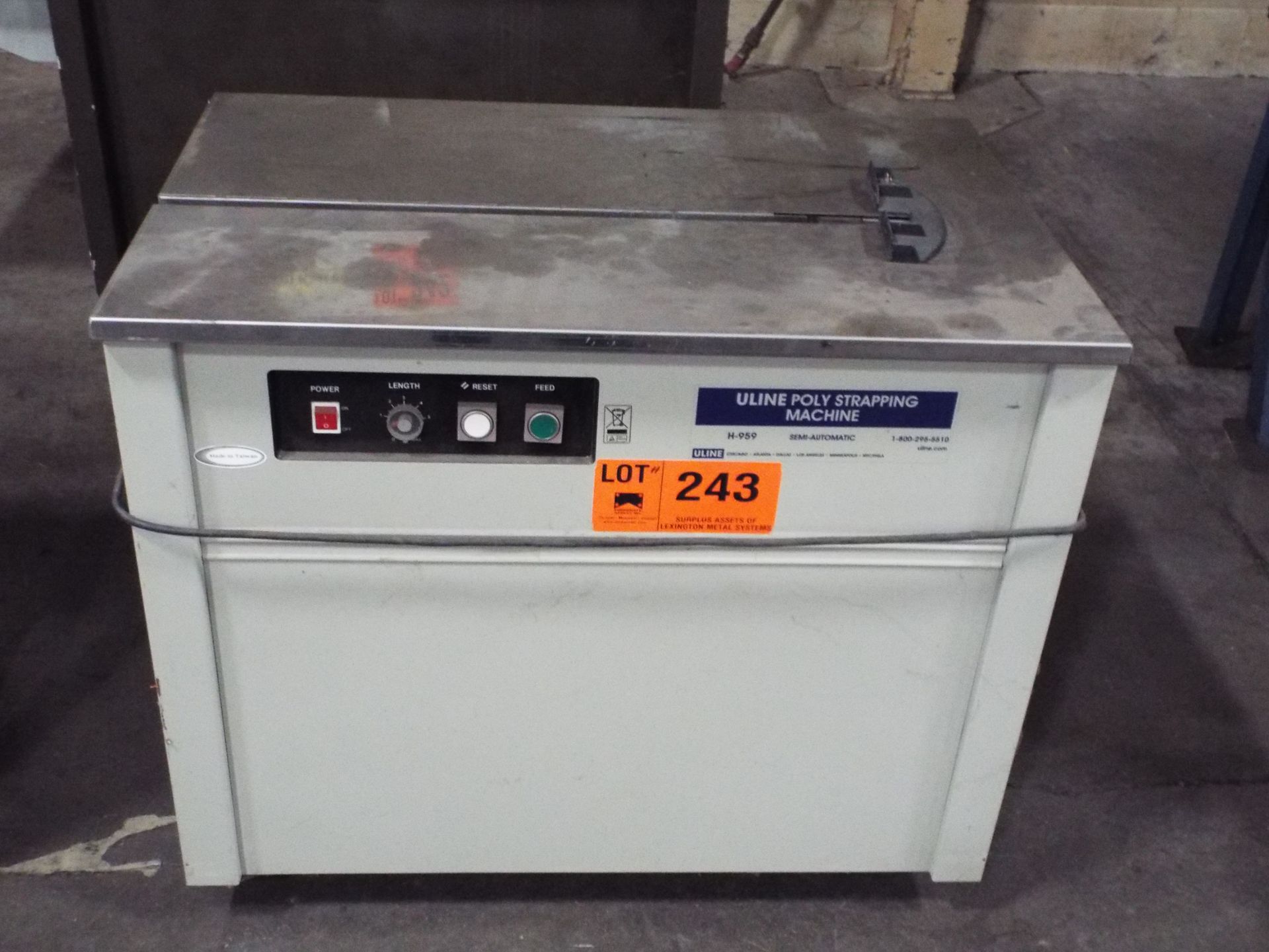 ULINE (2012) H-959 SEMI-AUTOMATIC POLY STRAPPING MACHINE, S/N: 1201175604