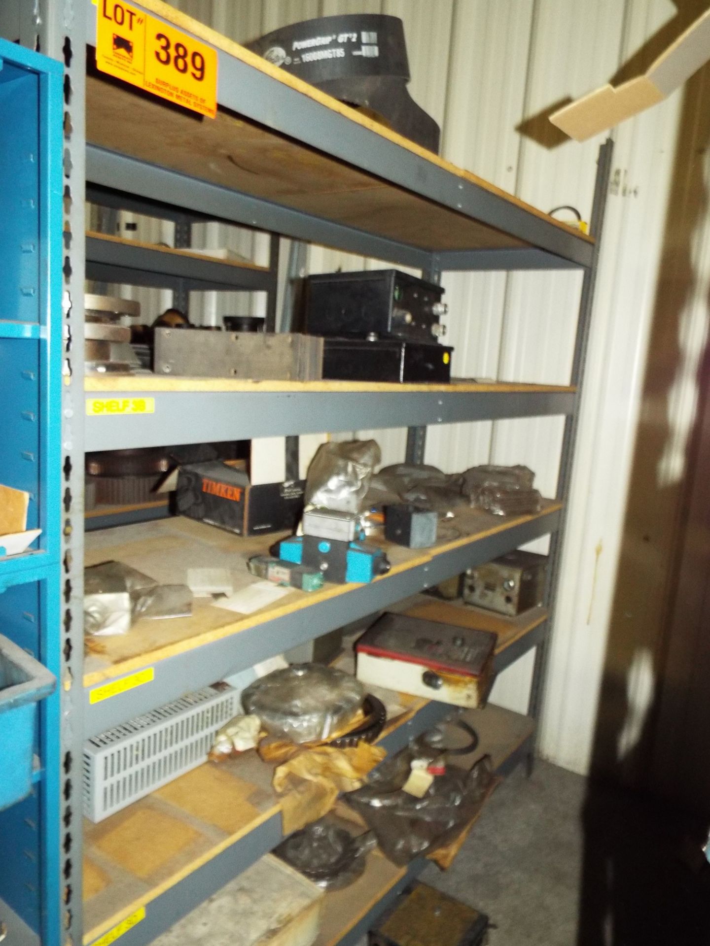 LOT/ SHELF WITH CONTENTS - BEARINGS, PLC COMPONENTS, GEARS, BELTS, CONTROL BOXES, SPARE PARTS