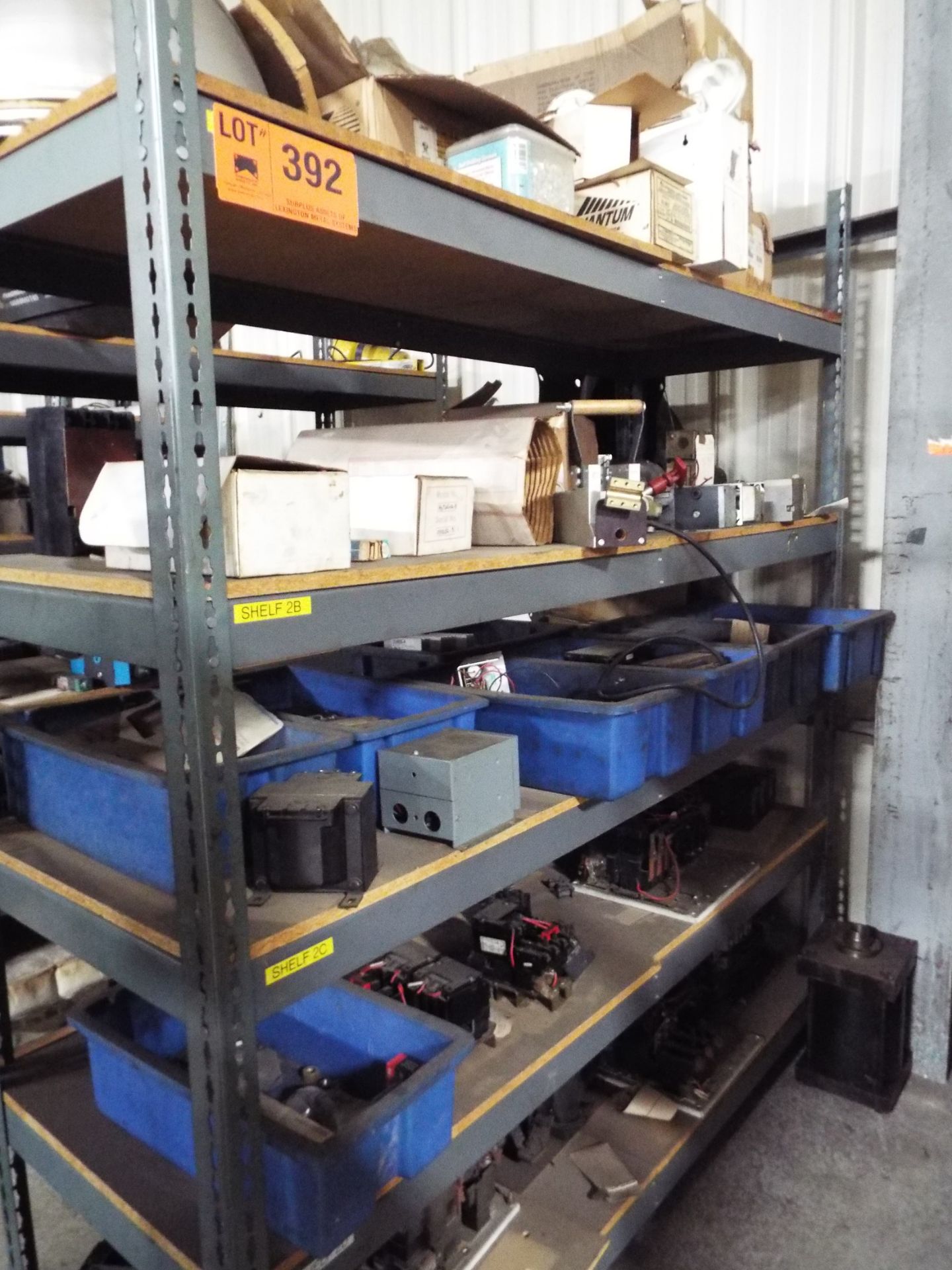 LOT/ SHELF WITH CONTENTS - ELECTRICAL COMPONENTS, BREAKERS, WIRES, PLC COMPONENTS, SPARE PARTS