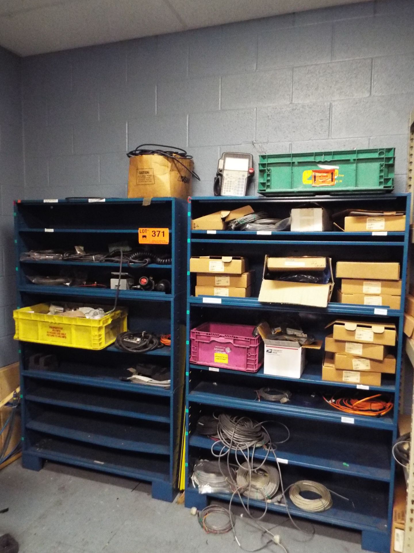 LOT/ SHELVES WITH CONTENTS - WIRE, ROBOT COMPONENTS, SPARE PARTS