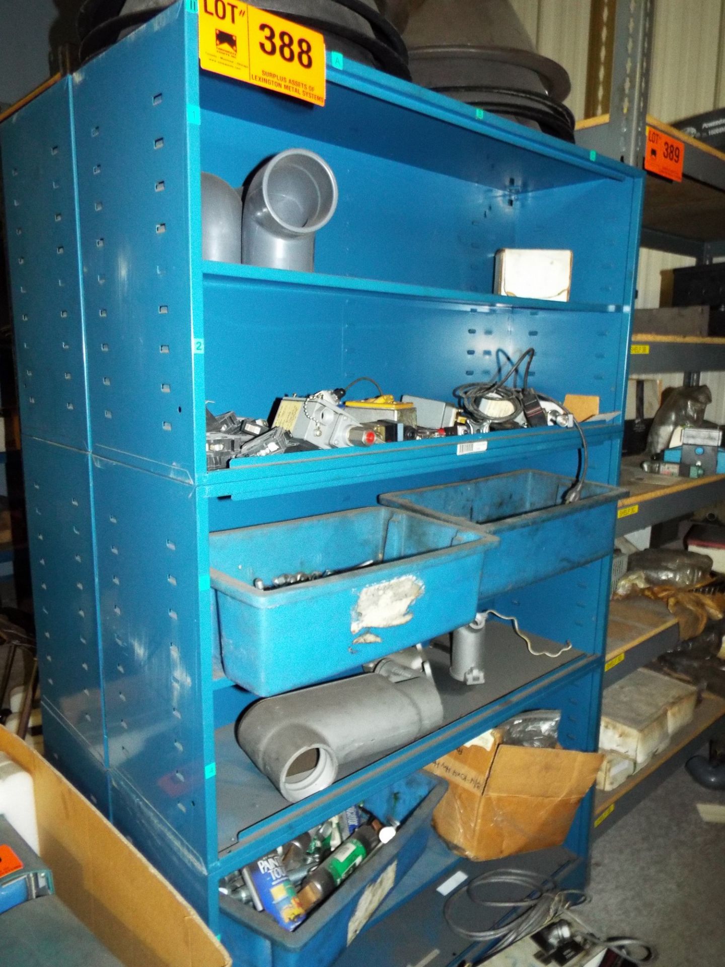 LOT/ SHELVES WITH CONTENTS - ELECTRICAL COMPONENTS, CONTROL BOXES, PRESS CONTROLS, SPARE PARTS