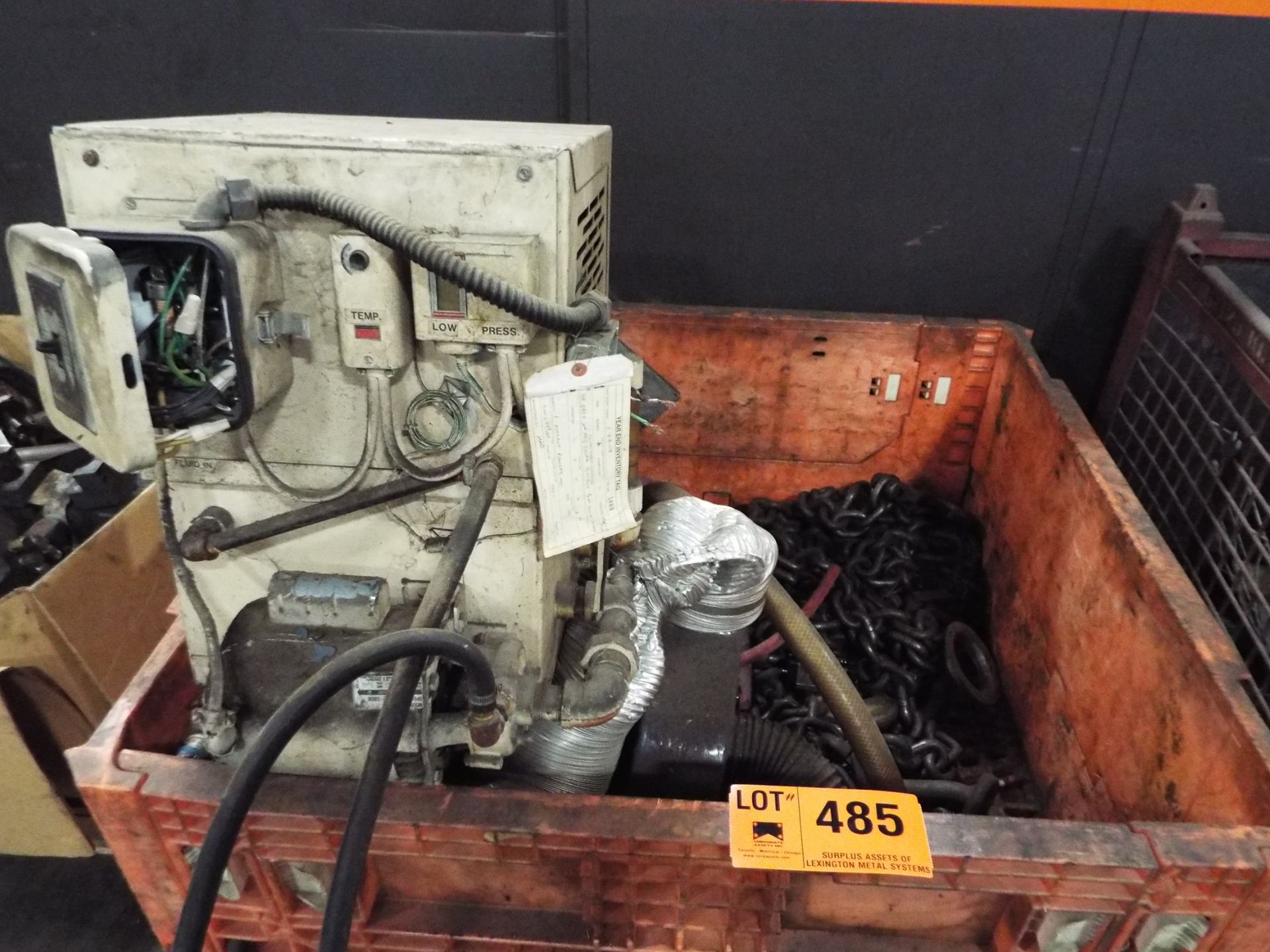 LOT/ BIN WITH CONTENTS - KOOLANT KOOLERS WATER CHILLER, BLOWER, LIFTING CHAINS