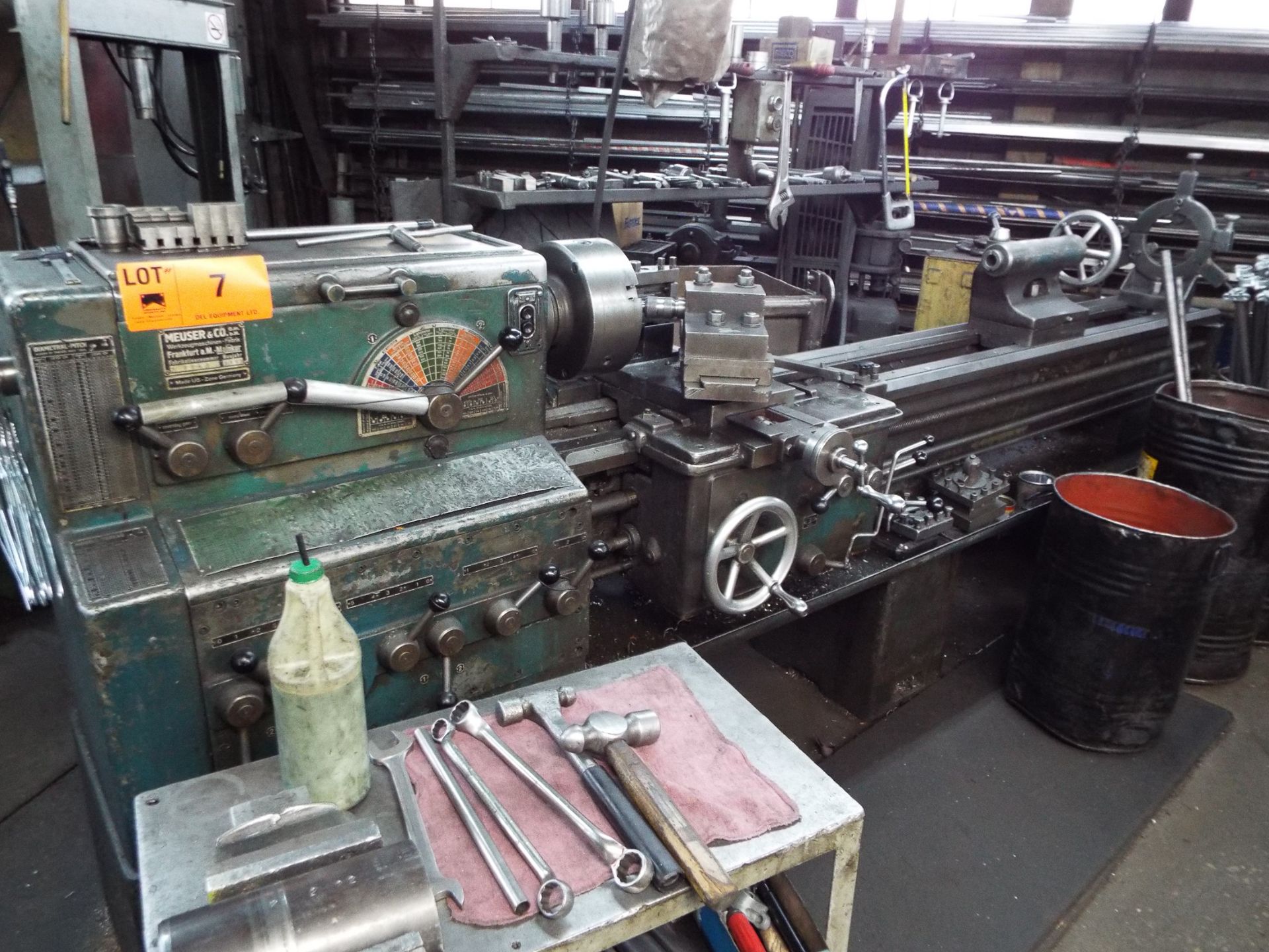 MEUSER & CO. ENGINE LATHE WITH 18" SWING, APPROX. 66" BETWEEN CENTERS, 2" SPINDLE BORE, SPEEDS TO