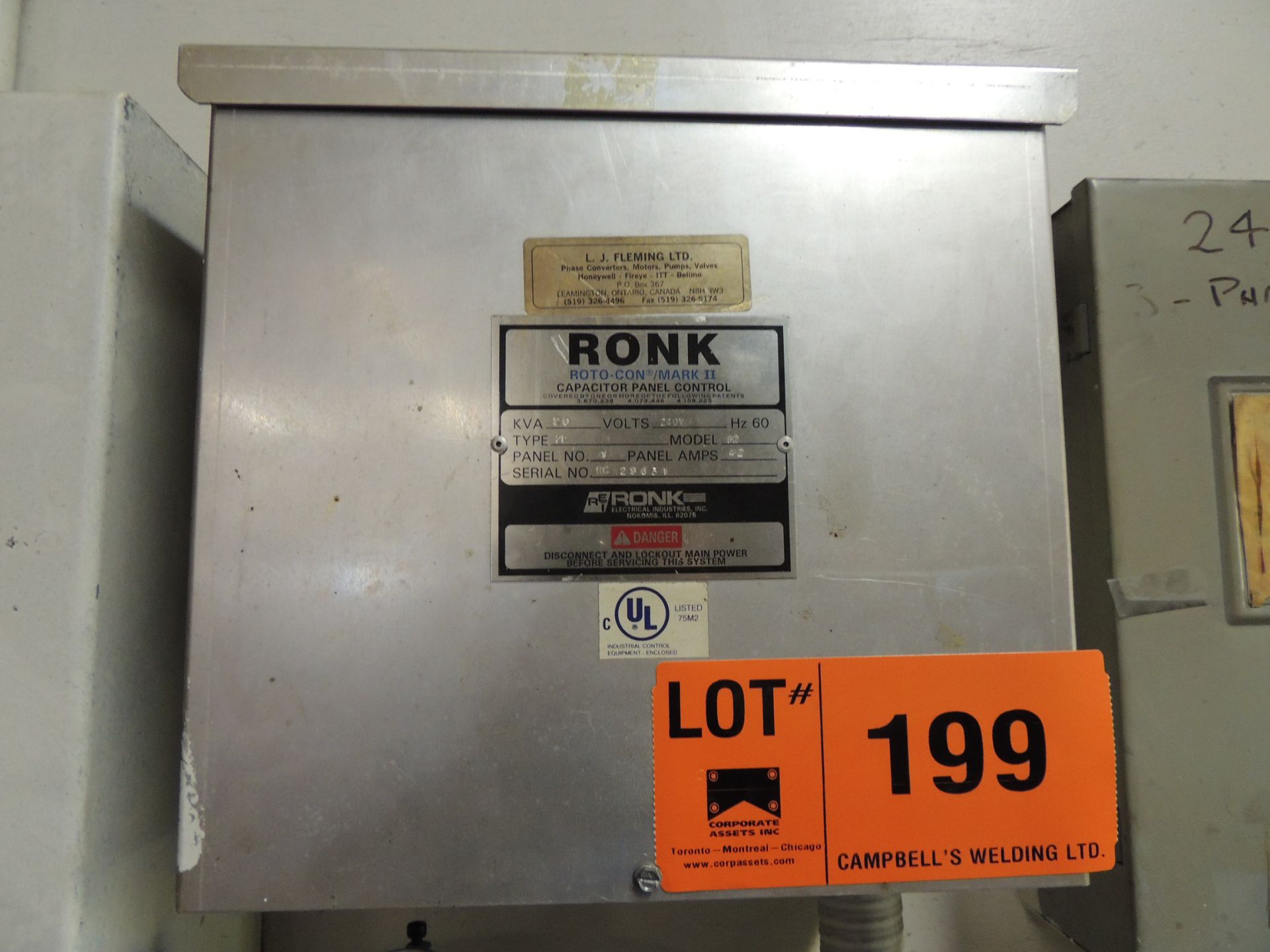 RONK ROTO-CON MKII ROTARY PHASE CONVERTER WITH RONK 10 HP MOTOR, 20 KVA, 240V, S/N: RC-29631 (CI)