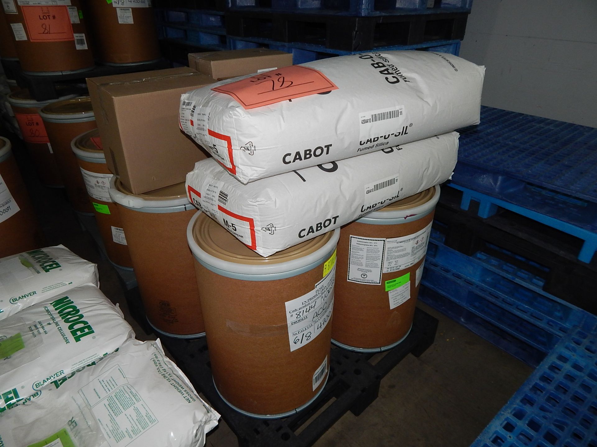 LOT/ SKID WITH CONTENTS CONSISTING OF BARRELS OF ACETAMINOPHEN AND BAGS OF FUMED SILICA