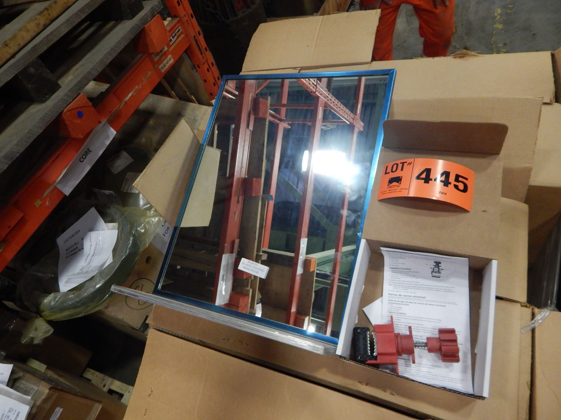 LOT/ (2) WALL MOUNT MIRRORS AND APPROX 56 UNIVERSAL VALVE LOCK-OUTS (LOCATED AT CMD WAREHOUSE)