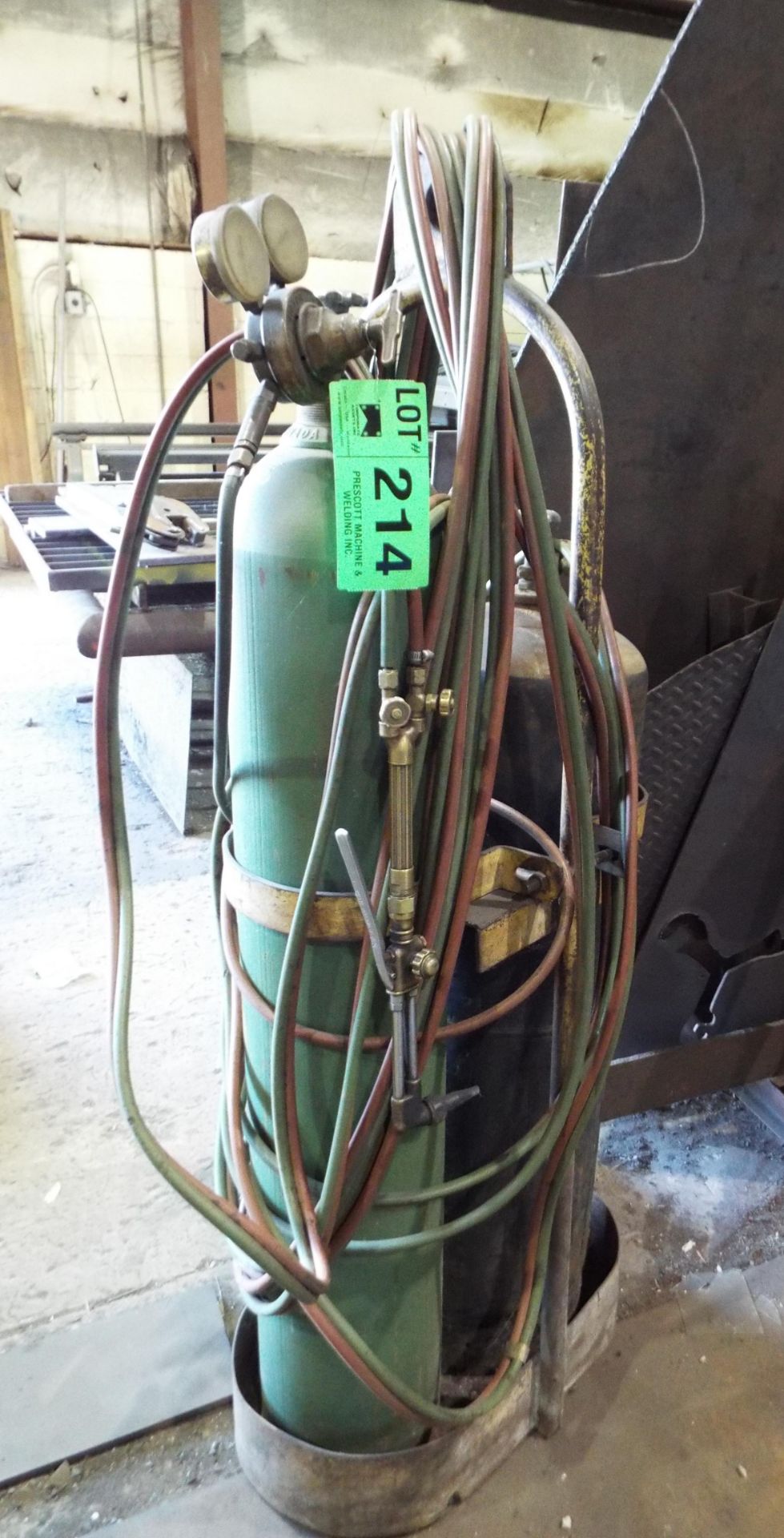 LOT/ OXY-ACETYLENE TANK CADDY WITH TORCH, GAUGES & HOSE (NO TANKS)