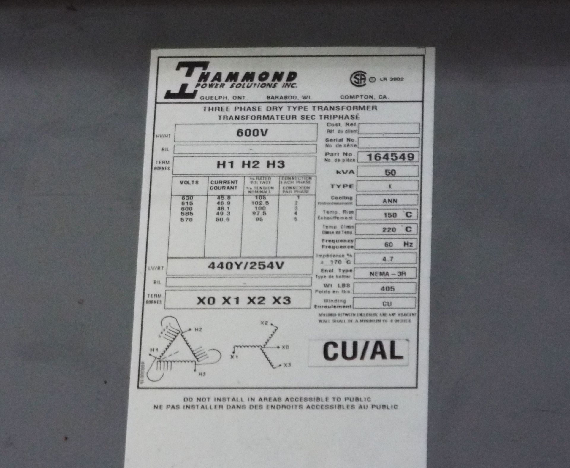 HAMMOND 50KVA/600V/3 PHASE TRANSFORMER (CI) - Image 2 of 2