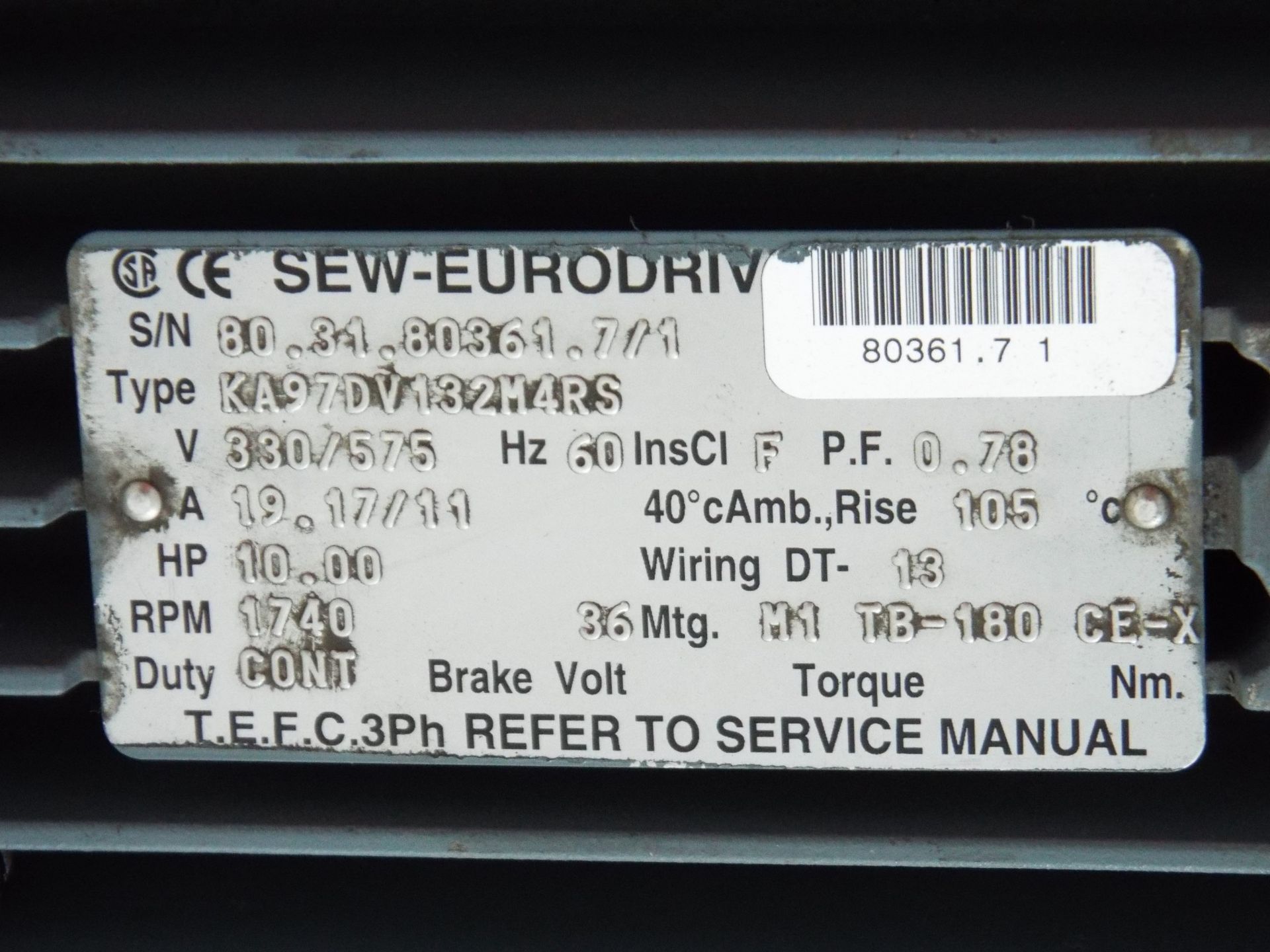 LOT/ CONTENTS OF SKID - (1) SEW EURODRIVE GEARBOX WITH 10 HP, 330/575V, 1740 RPM, 3-PHASE ELECTRIC - Image 3 of 7