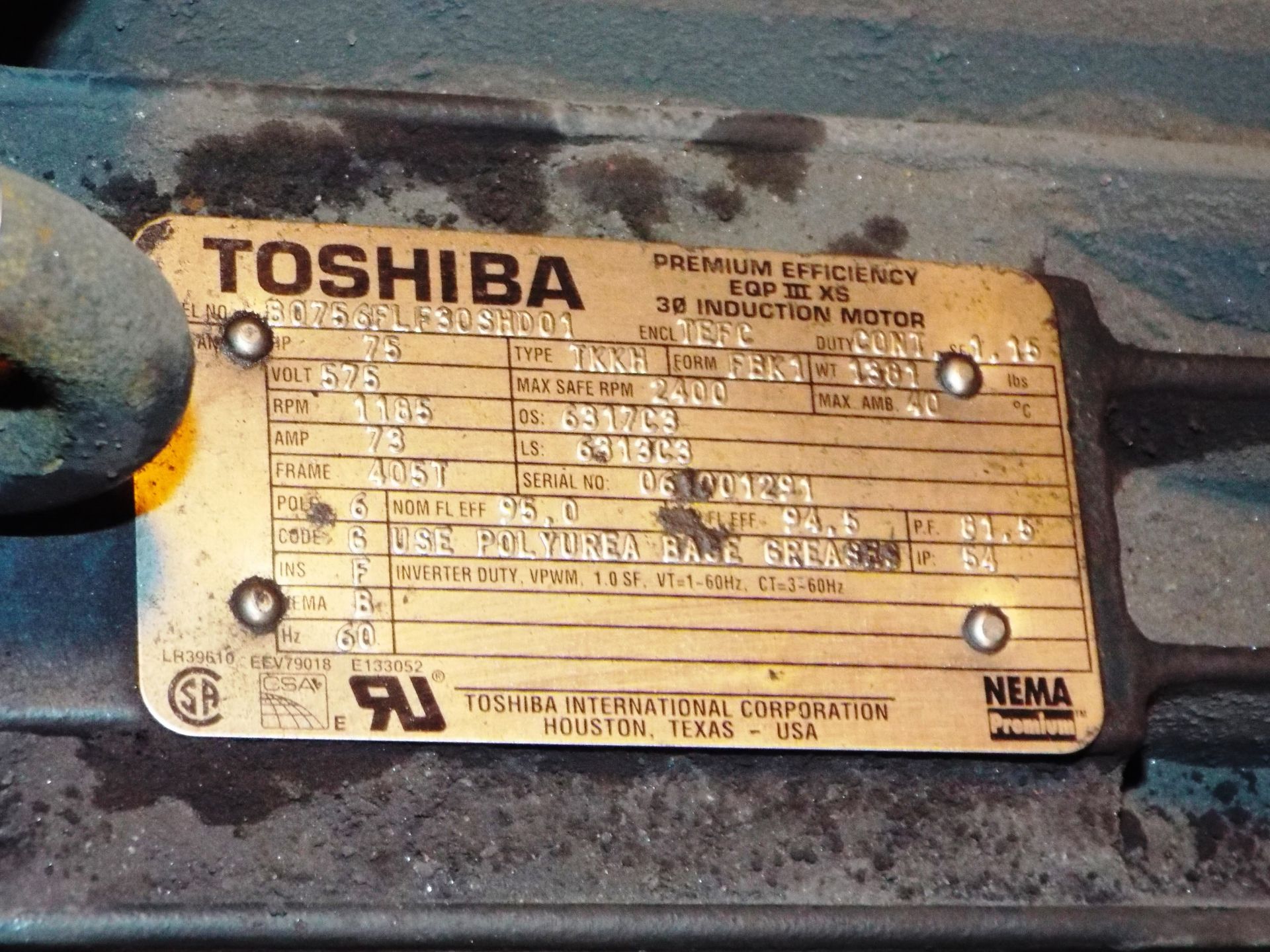 TOSHIBA 75 HP, 575V, 73 AMP, 2400 RPM, 3-PHASE INDUCTION MOTOR - Image 2 of 2