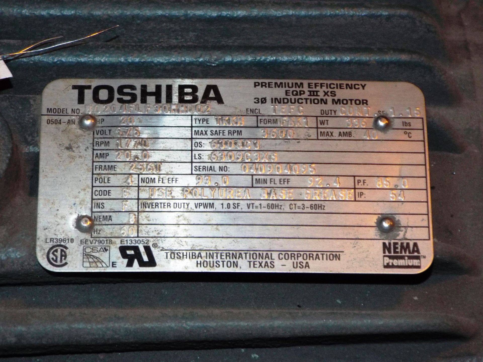 TOSHIBA 20 HP, 575V, 20 AMP, 3600 RPM, 3-PHASE INDUCTION MOTOR - Image 2 of 2