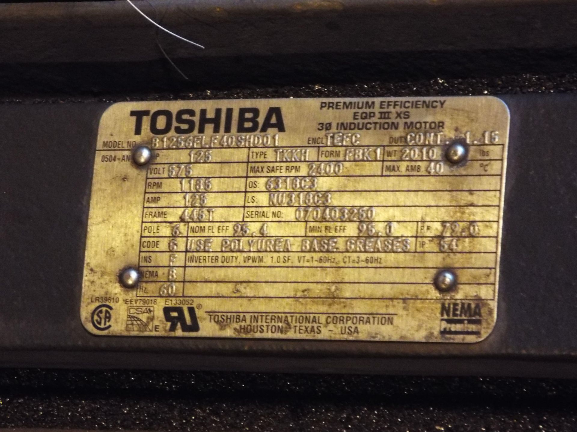 TOSHIBA 125 HP, 575V, 126 AMP, 2400 RPM, 3-PHASE INDUCTION MOTOR - Image 2 of 2