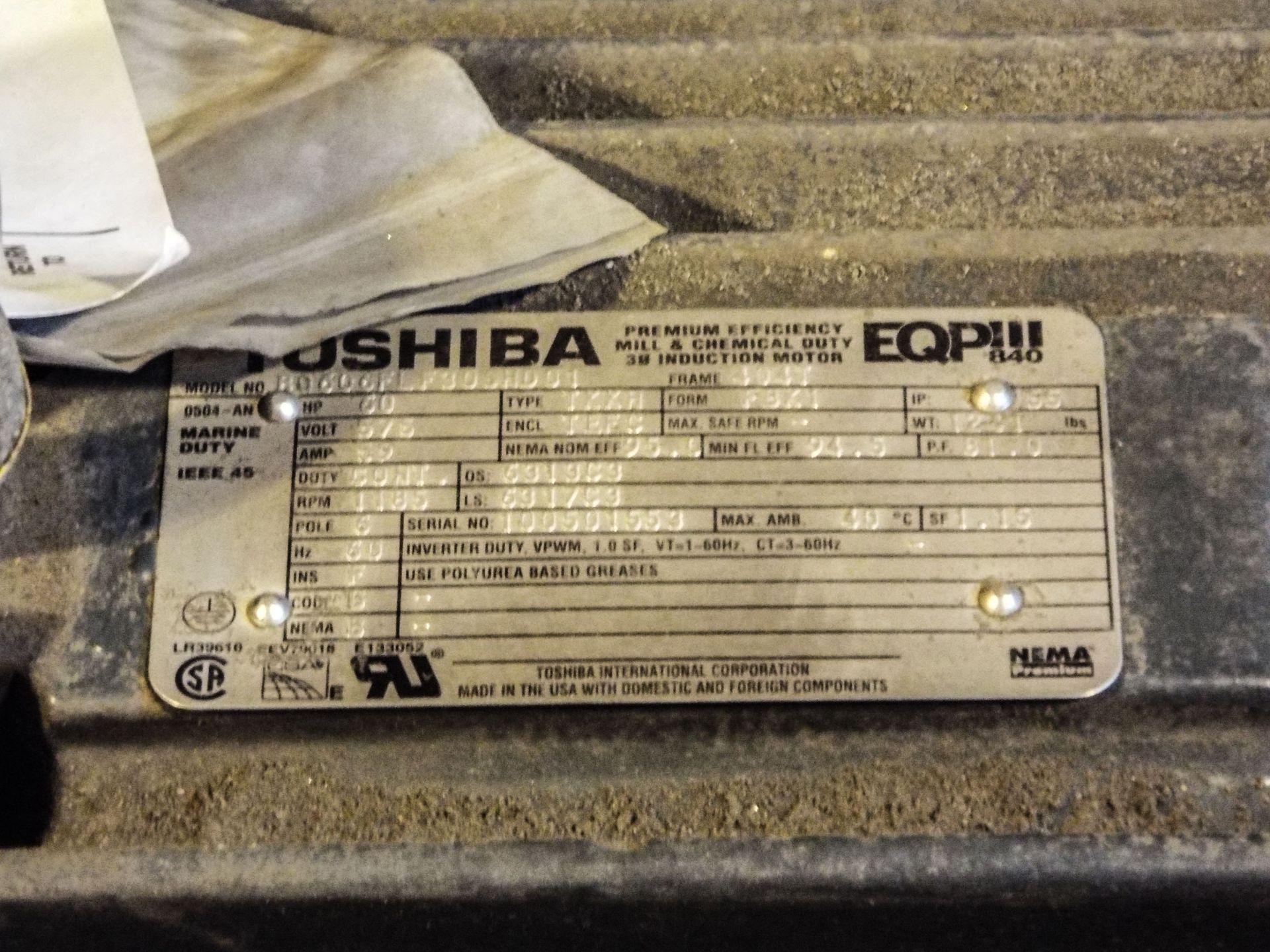 TOSHIBA 60 HP, 575V, 1185 RPM, 3-PHASE INDUCTION MOTOR - Image 2 of 2