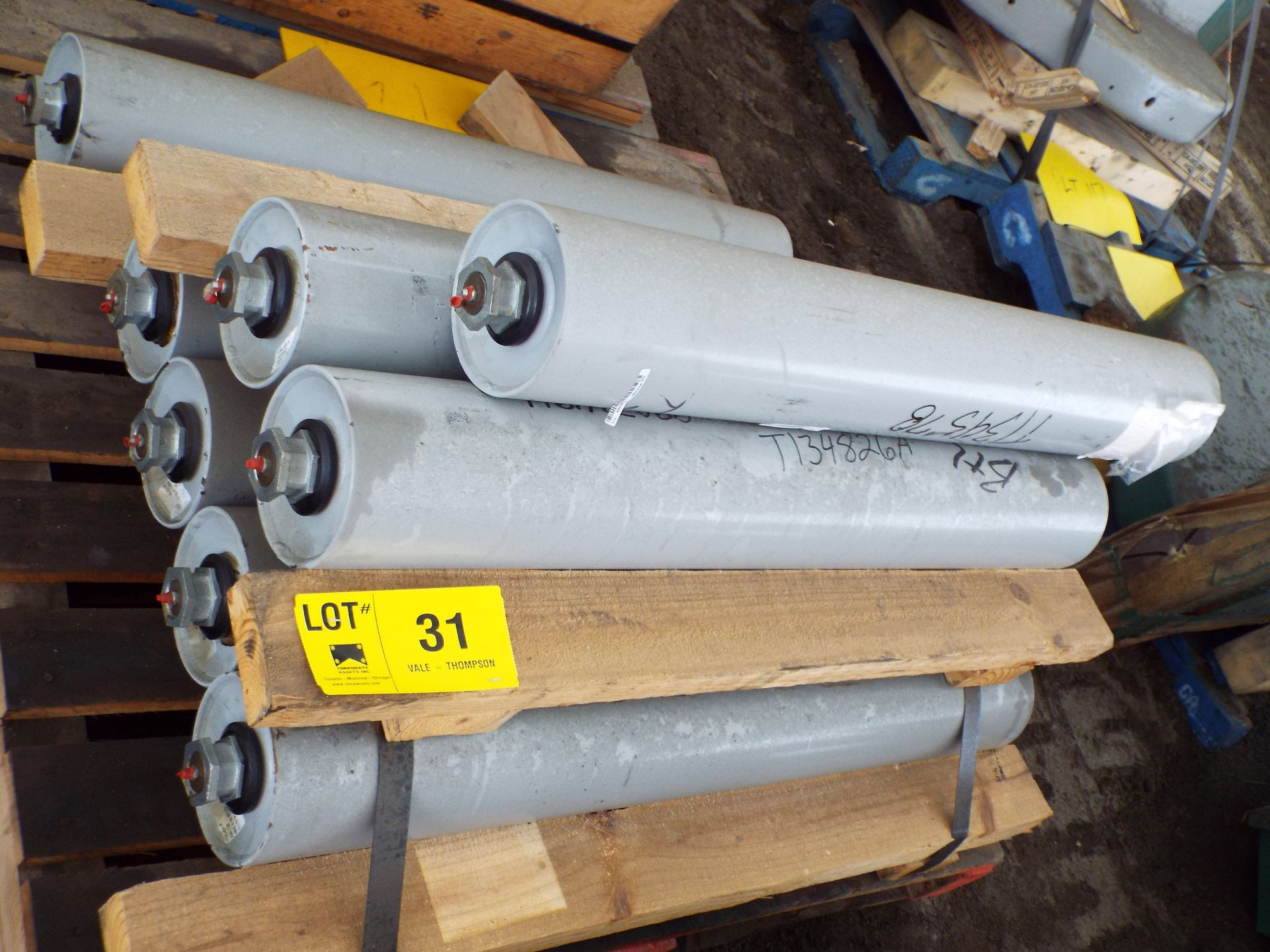 LOT/ CONTENTS OF SKID - (8) APPROX. 6" DIA. X 26" STEEL CONVEYOR IDLER ROLLERS (PLT 126)