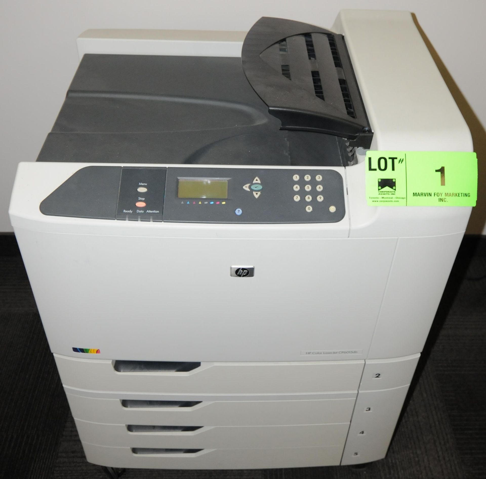 HP (2013) COLOR LASERJET CP6015DN HIGH CAPACITY COLOR LASERJET PRINTER WITH (4) FEEDER TRAY STAND,