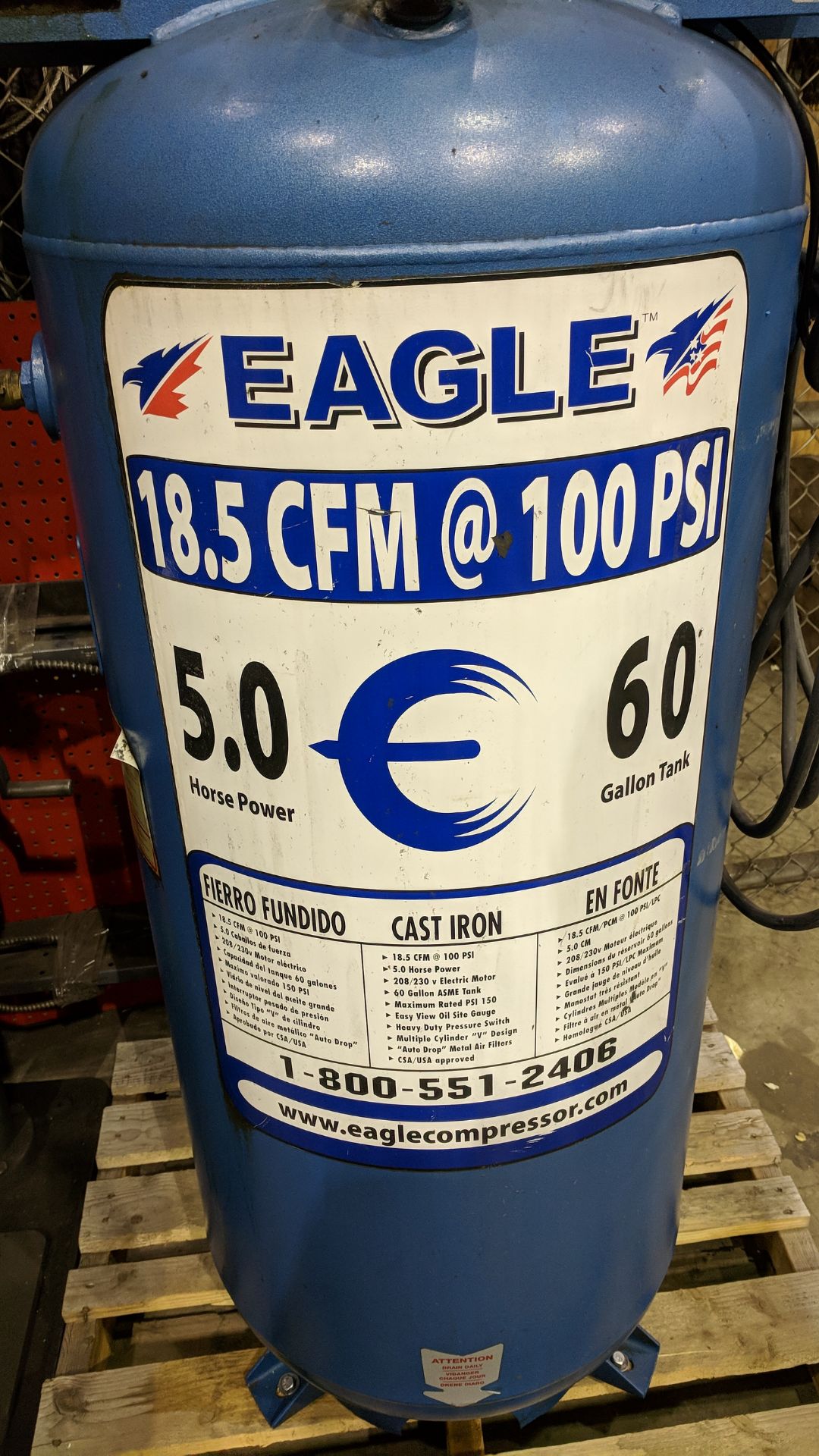 EAGLE C5160V1 PISTON TYPE TANK MOUNTED AIR COMPRESSOR WITH 5HP, 60 GAL, 18.5 CFM @ 100 PSI CAPACITY, - Image 2 of 4