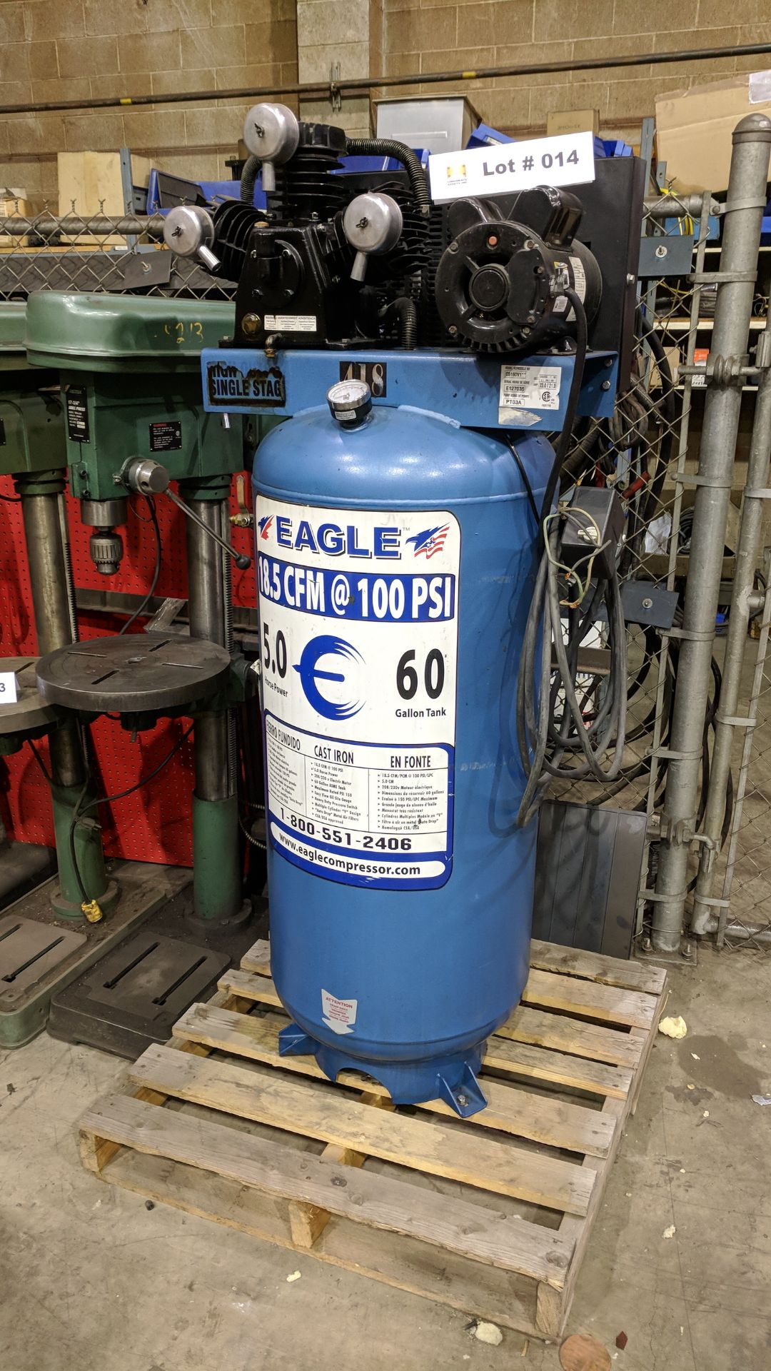 EAGLE C5160V1 PISTON TYPE TANK MOUNTED AIR COMPRESSOR WITH 5HP, 60 GAL, 18.5 CFM @ 100 PSI CAPACITY,