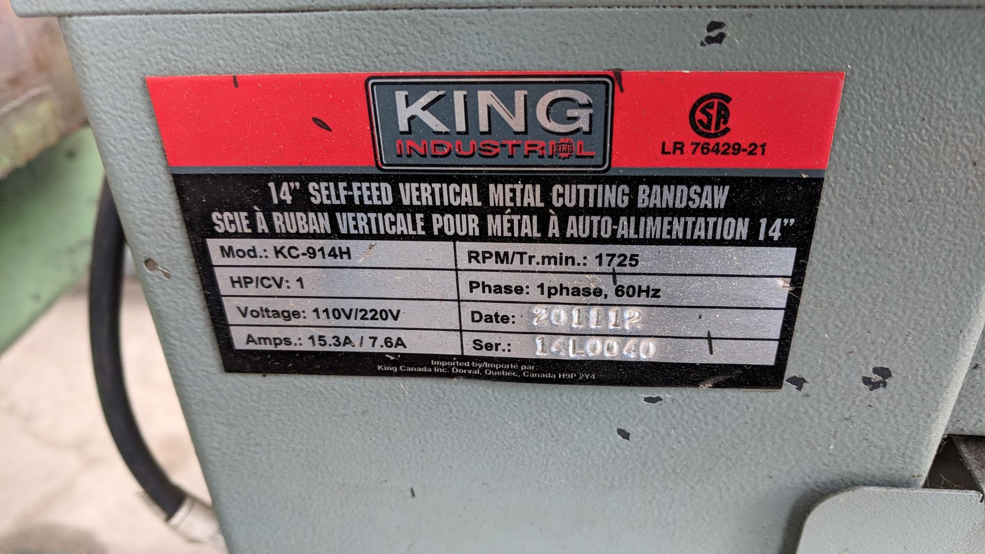 KING (2012) KC-914H 14" ROLL-IN VERTICAL BAND SAW, S/N 14L0040 (CI)- - Image 4 of 4