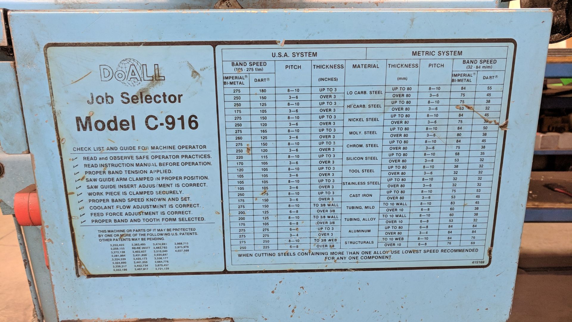 DOALL C916S 9"X16" METAL CUTTING HORIZONTAL BAND SAW WITH 1" X .035" X 158" BLADE, MITER CAPABILITY, - Image 3 of 7