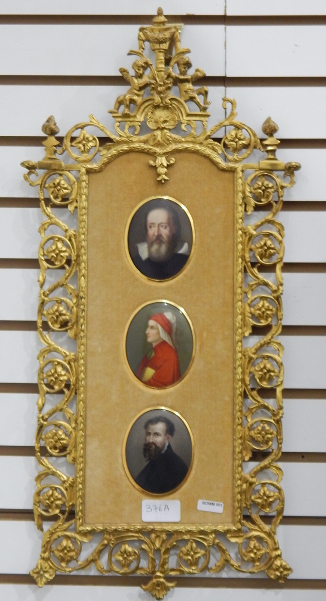 Set of three framed antique ceramic portrait miniatures viz:- woman in red and white headdress,