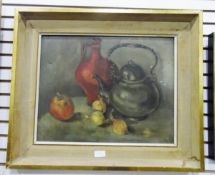 Unattributed (20th century) Oil on canvas board Still life with kettle, flagon and onions,