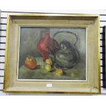 Unattributed (20th century) Oil on canvas board Still life with kettle, flagon and onions,