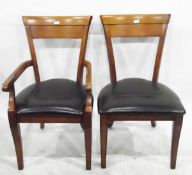 Set of six modern dining chairs with tapering bar backs and leather seats,