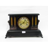 19th century ebonised and painted mantel clock in architectural-style case, 28.