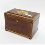 George III inlaid mahogany tea caddy, rectangular, the top cross-banded with raised panel,