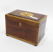 George III inlaid mahogany tea caddy, rectangular, the top cross-banded with raised panel,