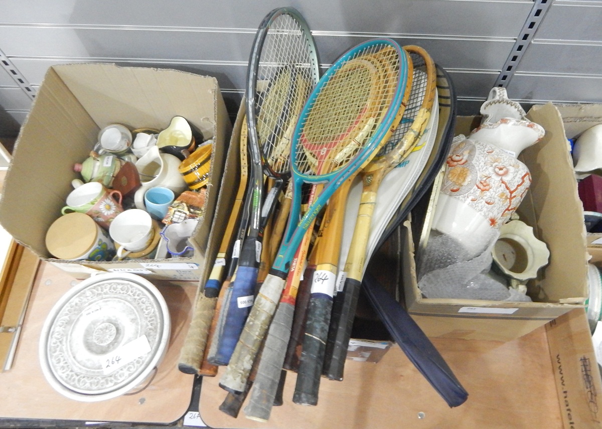 Quantity of wooden tennis racquets and various badminton/squash racquets, a large ewer and basin,