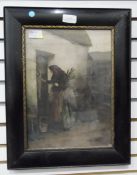 19th century school Watercolour drawing Lady gathering twigs outside cottage,