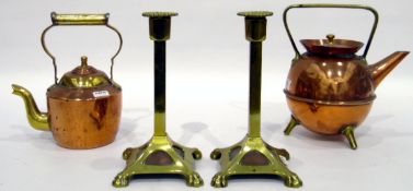 Pair of German Art Nouveau style brass candlesticks, the removable sconces with bead borders,
