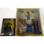 Enamel on brass icon of the Virgin Mary and child, mounted on wooden base,