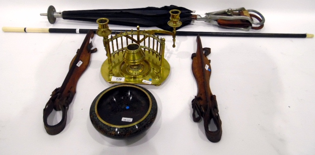 Victorian brass inkstand modelled with central inkwell within a semi circular gallery,