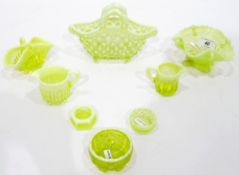 Quantity of Victorian and later pressed uranium glass including a circular salt, various jugs,