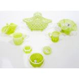 Quantity of Victorian and later pressed uranium glass including a circular salt, various jugs,