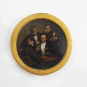 19th century circular painted miniature on tin of five men in discussion around a table, unsigned,