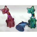 Two Fenton carnival glass cats, one in iridescent turquoise, with sticker, 29cm high,